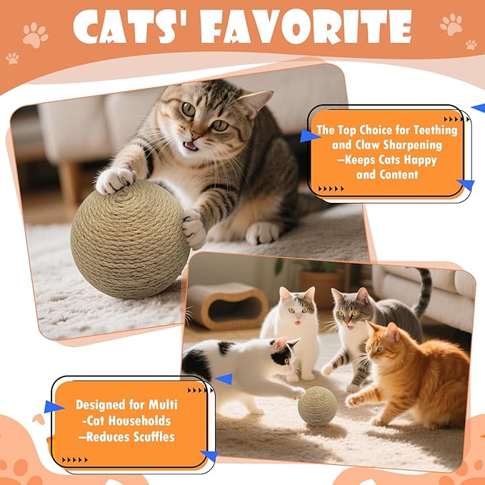 Sisal Cat Ball Toy, 3.94-inch Interactive Natural Cat Scratching Ball, Perfect Scratcher for Indoor Cats' Exercise and Fun