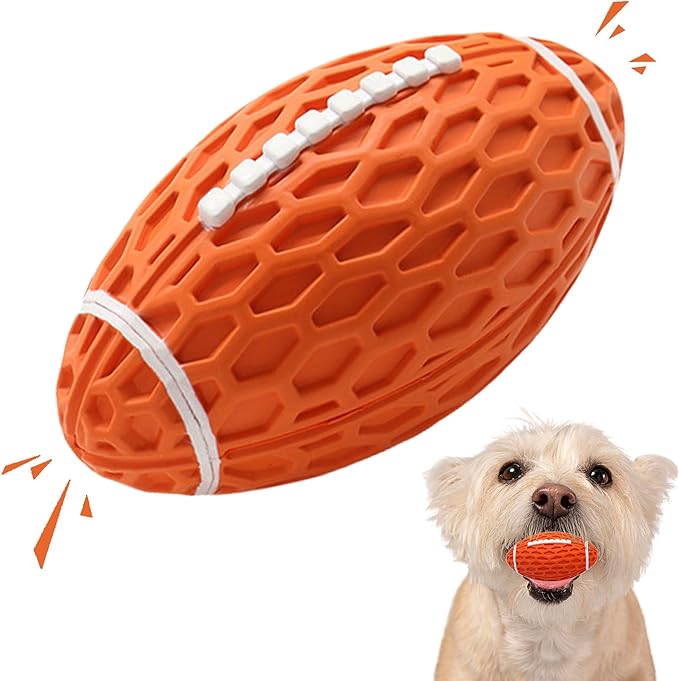 Small Squeaky Dog Toy, Rubber Dog Ball for Aggressive Chewers, Floating Fetch Outdoor Puppy Toys, Durable and Interactive Toy for Small Dogs, Bouncy Football, Orange, Small