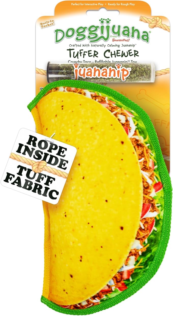 Doggijuana Tuffer Chewer Plush Dog Toy | Funny Dog Toy Plush with Juananip Catnip for Dogs | Calming Aid for Dogs | Interactive Squeaky Chew Toy for Play (Taco)