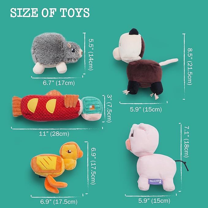 Dog Squeaky Toys 5 Pack, Square Pixel World Style Different Animals Durable Stuffed Plush Dog Toy to Keep Them Busy for Small Medium Large Dogs