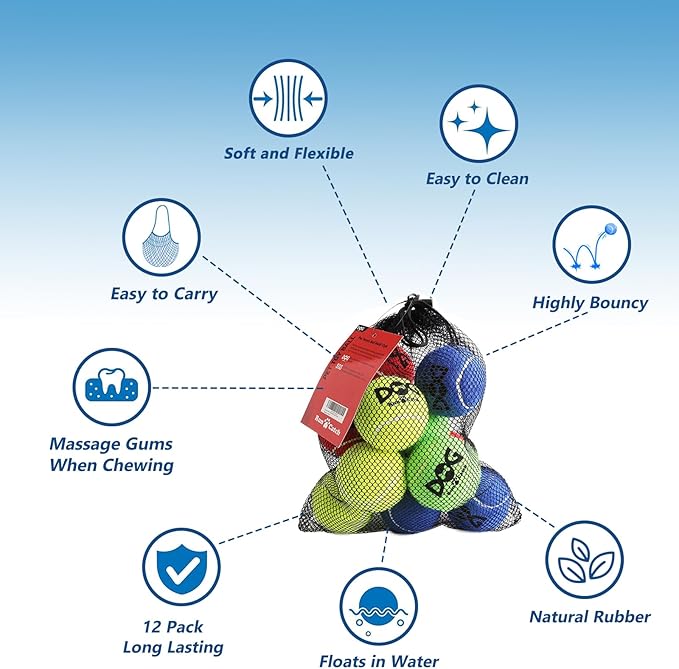Tennis Balls for Dogs - 12 Pack 2.0'' Durable Non-Toxic Outdoor Dog Toys Balls with Mesh Bag, SGS Certified, Colorful Fetch Toys, Small Breeds (Non Squeaky)