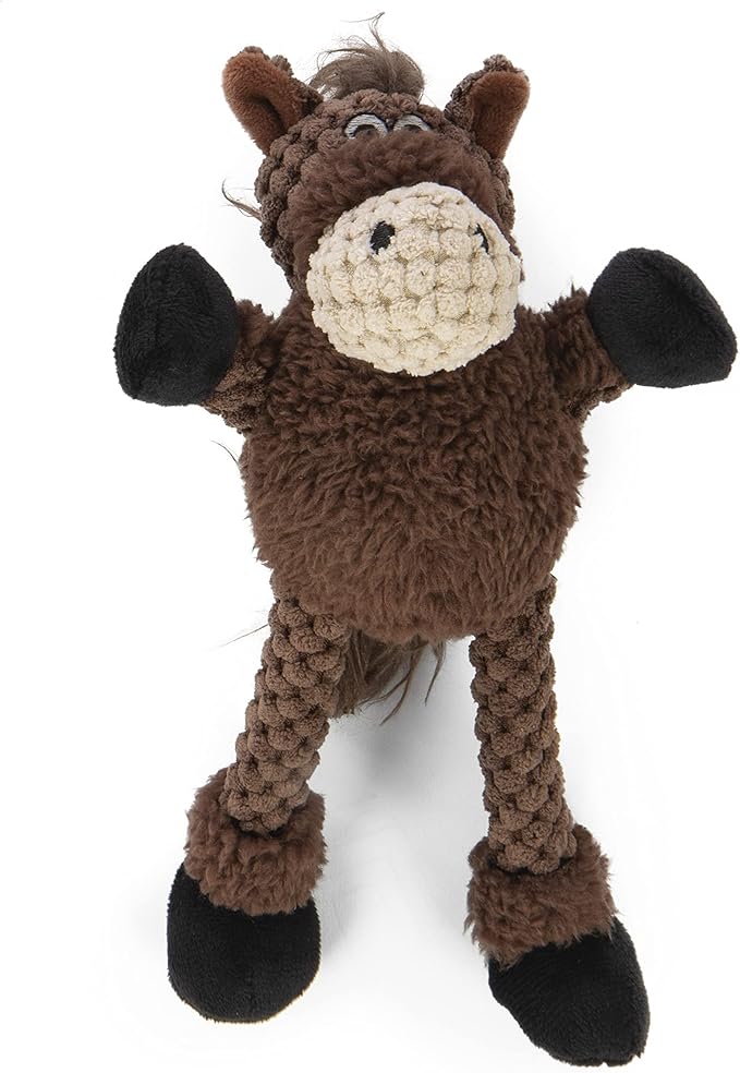 goDog Checkers Just for Me Skinny Horse Squeaky Plush Dog Toy, Chew Guard Technology - Brown, Mini