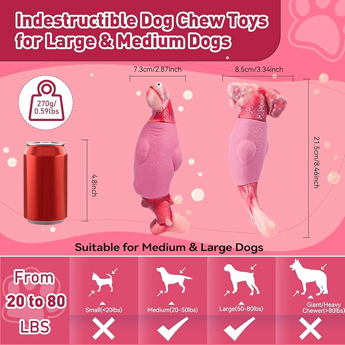 Dog Toys for Aggressive Chewers, Interactive Dog Chew Toy for Large Dogs, Indestructible Squeaky Toys to Keep Them Busy, Tough Toy for Medium/Large Breed Dogs Pink