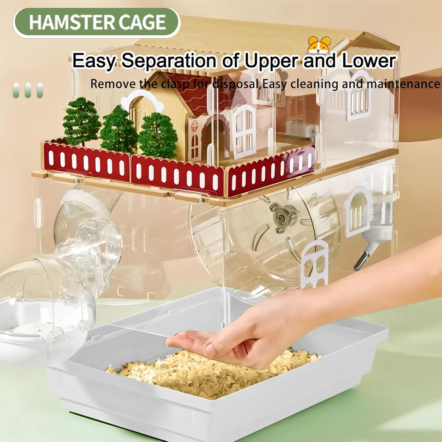12 in 1 Clear Acrylic Hamster Cage with All Accessories,13.5''L* 10''W* 15''H Dwarf Hamster Cage,Magnetic Connection Small Hamster Enclosure,Garden Style Wooden Mouse Cage for Pet Mice(2-Layer,White)