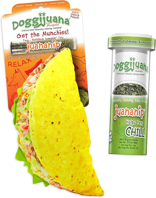 Doggijuana Refillable Juananip Toy Bundle | Taco Bundle | Funny Dog Toy Plush with Catnip and Refill | Calming Aid for Dogs | Interactive Chew Toy for Play
