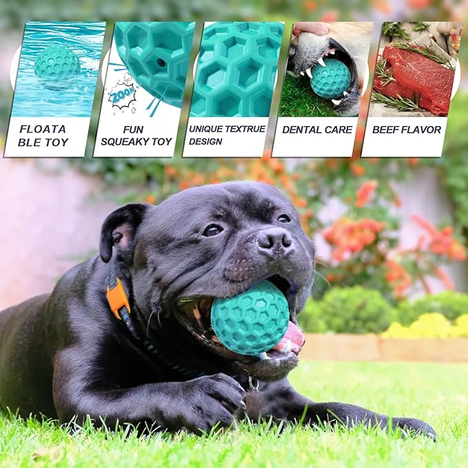 Squeaky Dog Balls, Indestructible Dog Toys for Aggressive Chewers Large/Medium Breed, Natural Rubber Interactive Chew Toys for Teeth Clean, Relieves Anxiety (Light Blue)