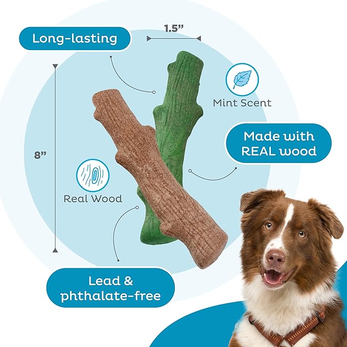 Outward Hound Dogwood Wood Durable Dog Chew Toys, Real Wood & Mint, 2-Pack, Large