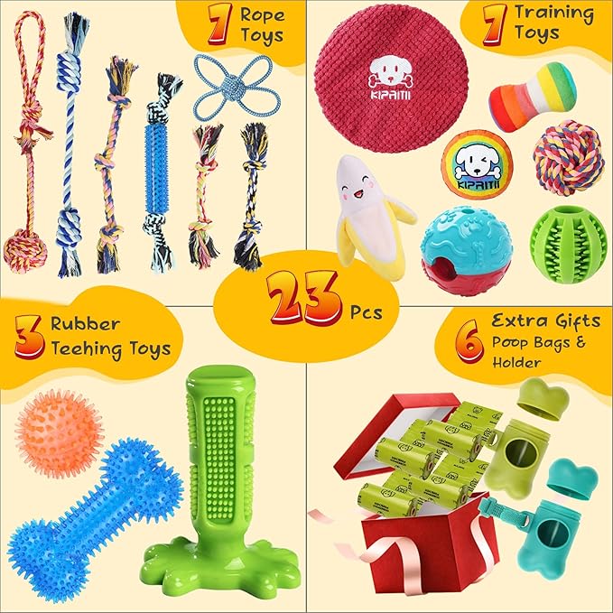 KIPRITII 23 Pack Dog Toys for Puppy Teething, Assorted Puppy Chew Toys for Boredom with Rope Toys, Treat Balls and Dog Squeaky Toy for Puppy & Small Dogs