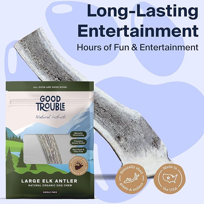 Good Trouble Premium Elk Antlers for Large Dogs – 1 Pack Split - All-Natural, Shed Antler Chews for Dental Health & Calming - Durable Dog Bones - Cruelty-Free, North American Sourced