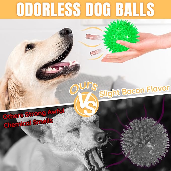 6-Pack 3.5” Squeaky Dog Balls, Durable Soft Spiky Chew Rubber Fetch Toy Balls for Large Medium Aggressive Chewers Teeth Cleaning Chewing Playing Training & Boredom Buster Indoors Outdoors