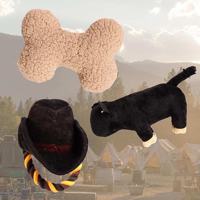 design LAB, Inc. Official Yellowstone Merchandise | Dutton Ranch Toy Bundle - Variety Gift Set | Toys Include Plush Cow, Bone Shaped Squeaky Plush, and Cowboy Hat with Tug Rope for Dogs