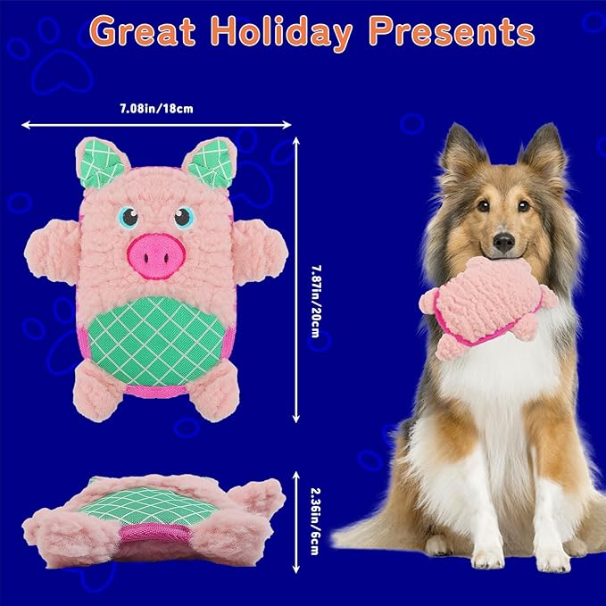 Crinkle Dog Toys Squeaky Plush No Stuffing Cute Puppy Stuffless Tough Rop Pull Toy, Fun Dog Stuffed Animals Durable Chew Set for Small Medium Large Pup (Large, Pink Pig)