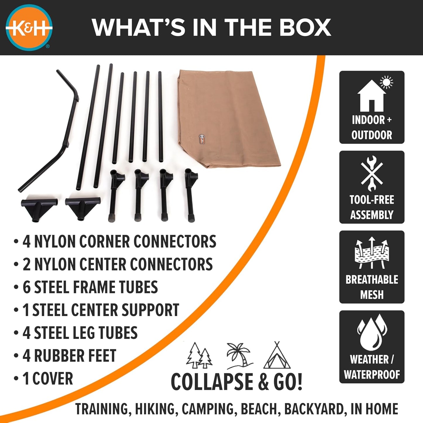 K&H Pet Products Outdoor Elevated Dog Cot, Cooling Raised Bed with Waterproof Breathable Mesh for Large Dogs, Portable Pet Bed with Heavy-Duty Metal Frame, Oversized Hammock Style - Extra-Large Tan