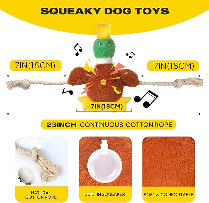 Fida Duck Dog Toys for Aggressive Chewers, Squeaky Dog Rope Toys to Keep Them Busy, Intactive Tug of War Plush Duck with Natural Cotton Rope for Puppy Small Medium and Large Breeds