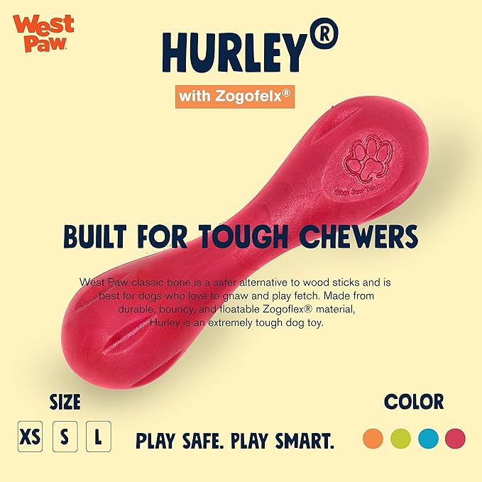 WEST PAW Zogoflex Hurley Dog Bone Chew Toy – Floatable Pet Toys for Aggressive Chewers, Catch, Fetch – Bright-Colored Bones for Dogs – Recyclable, Dishwasher-Safe, Non-Toxic, Small 6", Ruby Red