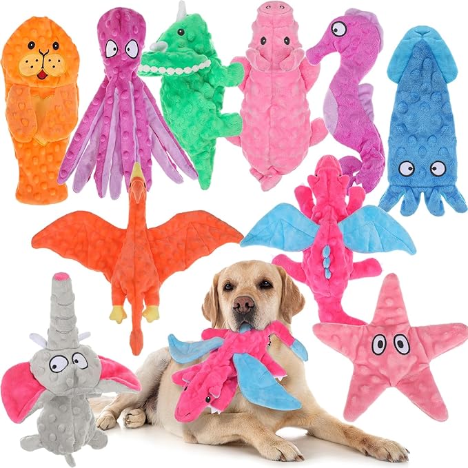 Sratte 10 Pcs Soft Dog Squeaky Toys No Stuffing Crinkle Dog Toy for Aggressive Chewers Durable Plush Teething Puppy Squeak Animals Chew for Small Medium Large Pets, 10 Styles(Assorted Style)