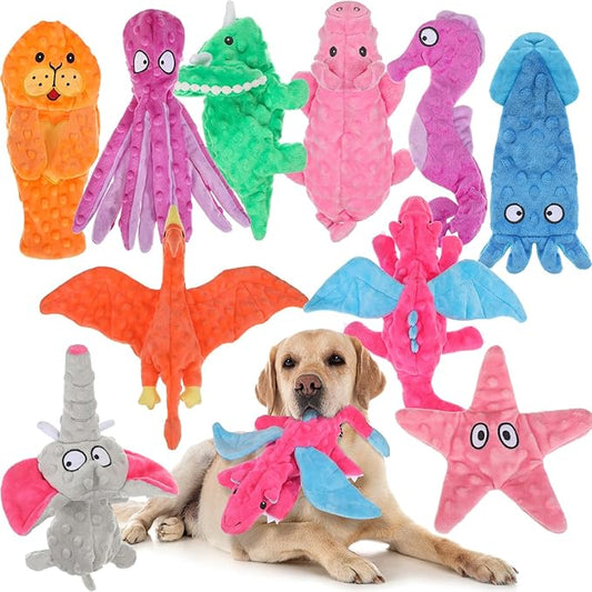 Sratte 10 Pcs Soft Dog Squeaky Toys No Stuffing Crinkle Dog Toy for Aggressive Chewers Durable Plush Teething Puppy Squeak Animals Chew for Small Medium Large Pets, 10 Styles(Assorted Style)
