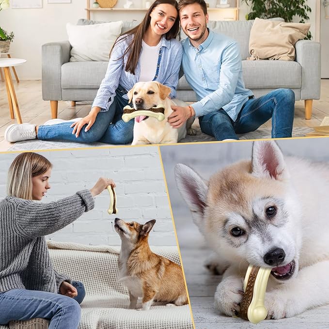 Sosation 3 Pack Chew Toys for Aggressive Chewers, Bone Toys Nylon Beef Flavor Dog Teething Toys for Large/Medium/Small Puppies Breeds(Large, Curved Bone)