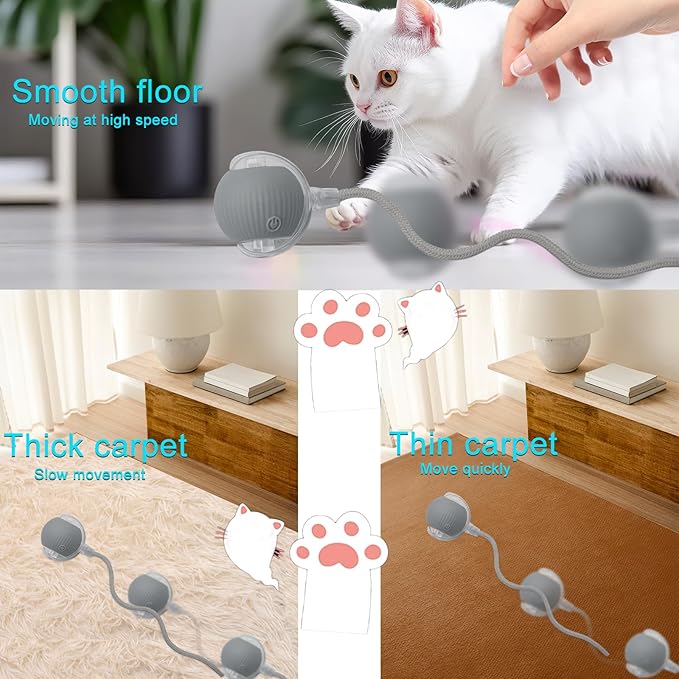 Interactive Cat Dog Toy Ball: Indoor Small Automatic Moving Smart Rolling Fun Pet Game with Led Light and String Tail for Motion Activated, Cute Kitten Puppy Present, Exercise Wheel Supplies (Grey)