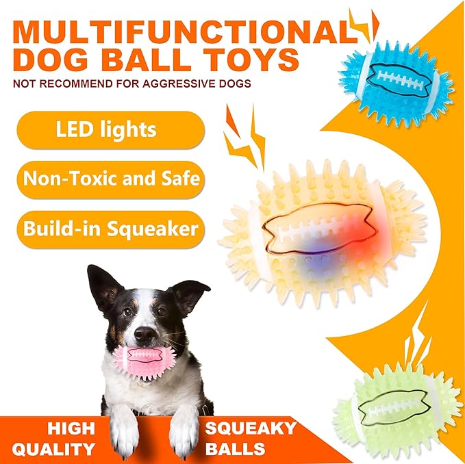 4.3” Dog Squeaky Football Toys 4 Pack, Light up and Durable Spiky Dog Balls for Medium Large Dogs with Rugby Shape, Built-in Squeaker for Teeth Cleaning and Training