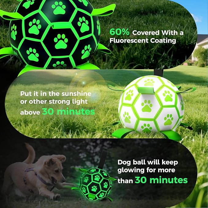 QDAN Premium Glow in The Dark Dog Toys, Dog Ball with Straps, Soccer Ball for Dogs, Outdoor Dog Toys, Pet Birthday Toys, Puppy Essentials for Medium to Large (8Inch)