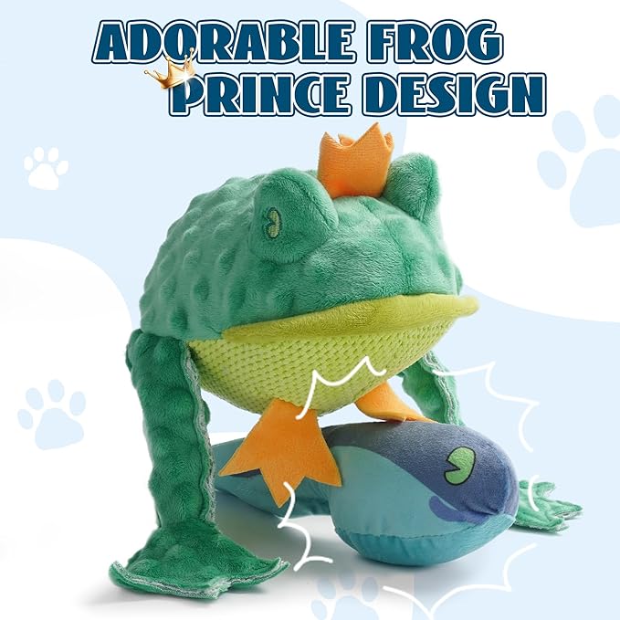 Nocciola 2 in 1 Frog Prince Plush Dog Toy, Rip and Reveal Interactive Toys with Hidden Tadpole Inside Play Tug-of-War Game for Dogs and Puppies