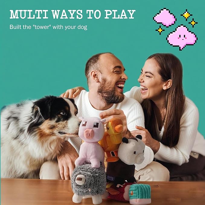 Dog Squeaky Toys 5 Pack, Square Pixel World Style Different Animals Durable Stuffed Plush Dog Toy to Keep Them Busy for Small Medium Large Dogs