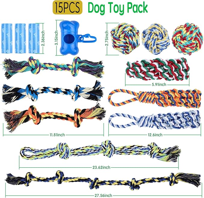 15pc Heavy Duty Dog Rope Toys Tough Tug of War Dog Toys, 100% Cotton Tug Toy for Boredom for Large/Medium/Small Dogs for Chewing, Playing, Teething, Teeth Cleaning, Tossing and Catching.
