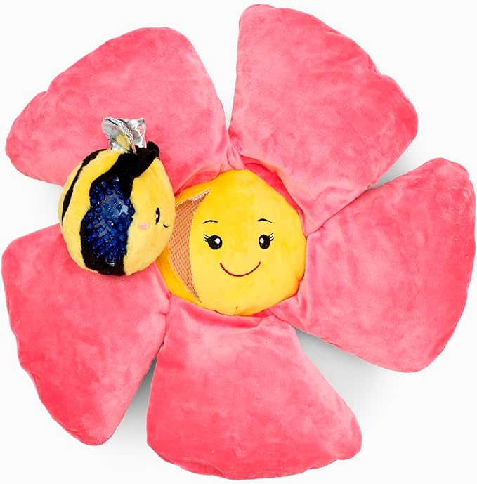 Flourish Pets 3 in 1 Multi-Layer Chew Toy for Active Dogs | Non-Toxic BPA Free Double Stitched Soft Fabric Exterior Dog Toys | Long-Lasting Dog Plush Toys - Small Pink Poppy 13"