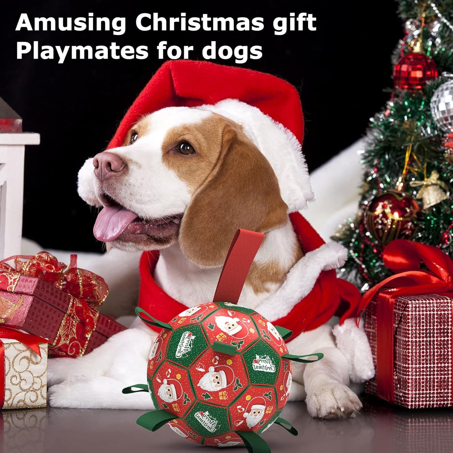 QDAN Christmas Dog Toys: Soccer Ball with Straps for Outdoor Play, Tug of War, Puppy Gifts - Durable 8-Inch Balls for Medium Large Dogs