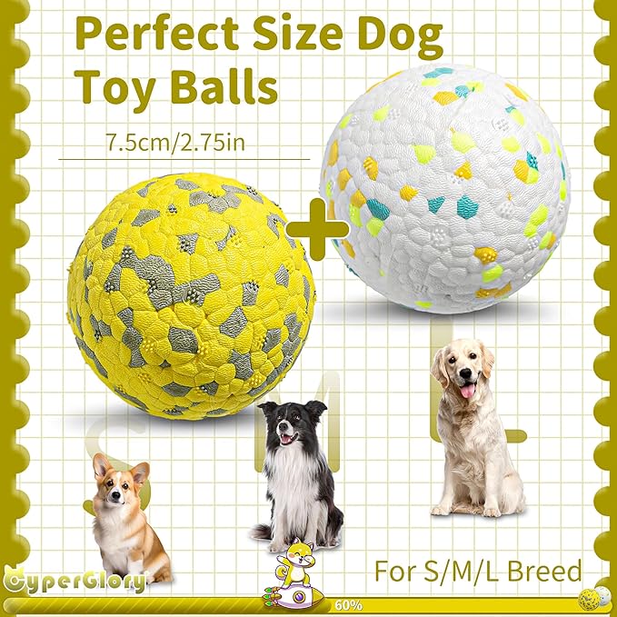2 Pack Indestructible Dog Tennis Balls for Aggressive Chewers: Interactive Pet Toys, Herding and Jolly Ball for Dogs, Durable, Bouncy, and Water Toy Fetch Balls (White, Yellow)