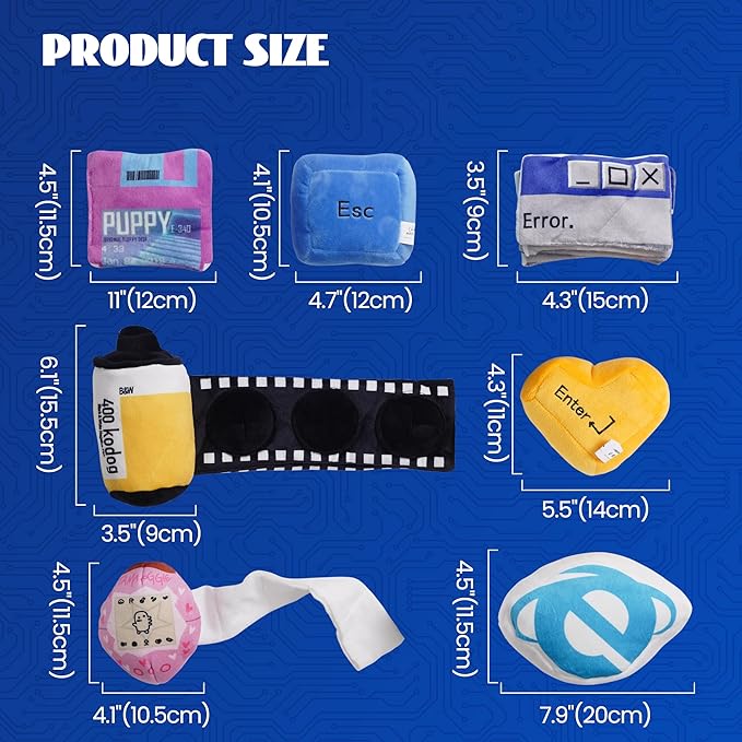 Nocciola Funny Squeaky Dog Toys, Old Tech Themed Stuffed Plush Puppy Toy Set with Hidden Treat Pockets, Cute Crinkle Chew Toys for Small Medium Large Breed, Boy Dog Birthday Gifts, 7 Packs