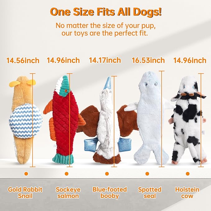 Nocciola Dog Toys 5-Pack, Stuffing-Free Squeaky Crinkle Plush Toys for Small Medium Large Dogs, Inspired by Rare Land, Sea & Air Animals, Durable Chew Toys for Boredom & Anxiety Relief