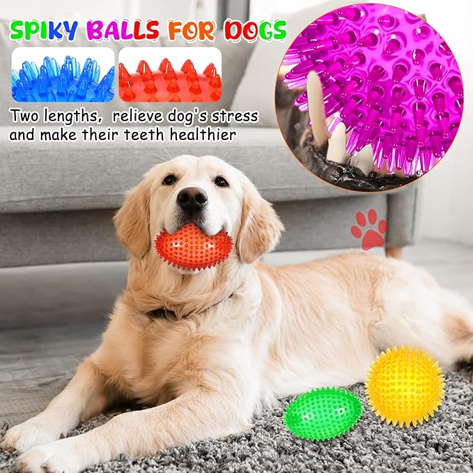 12 Pcs 4.5'' Squeaky Dog Ball and Spiky Squeaker Football for Aggressive Chewers Medium Large Dogs Toys Heavy Duty Teething Toys for Training Cleaning Teeth Indoor Outdoor