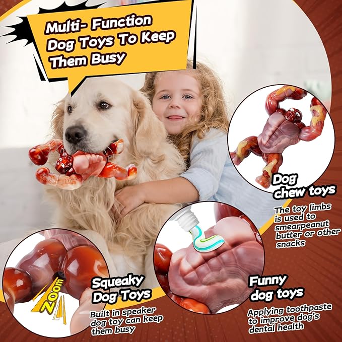 Tough Dog Toys for Aggressive Chewers – Indestructible Chew Toys for Medium & Large Dogs, Squeaky Toys to Keep Them Busy, Reduce Anxiety, Bacon Flavor