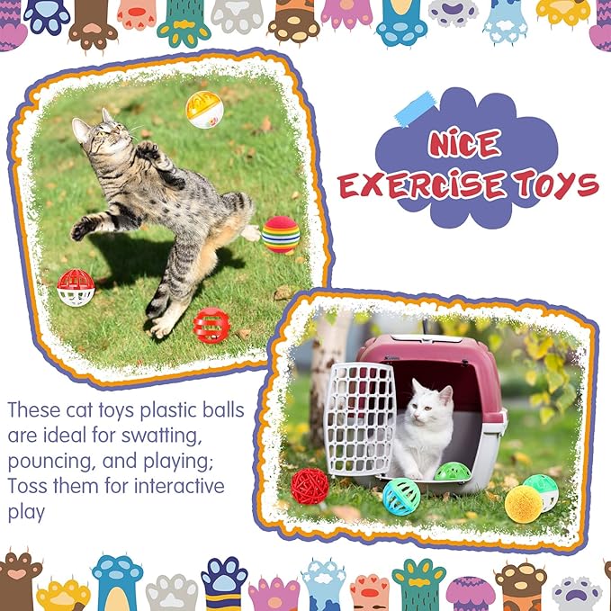 Hungdao 100 Pcs Cat Toys Bulk Plastic Small Crinkle Ball Assorted Cat Balls with Bell for Kitten Chase Pounce Rattle Play Toys, Assorted Color