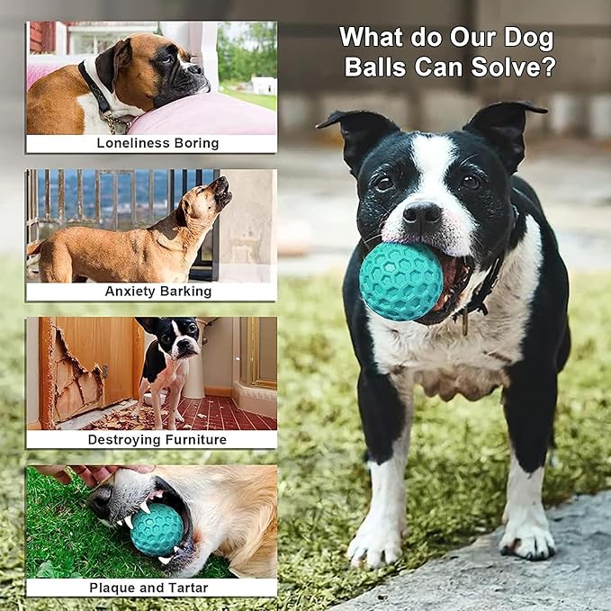 Squeaky Dog Balls, Indestructible Dog Toys for Aggressive Chewers Large/Medium Breed, Natural Rubber Interactive Chew Toys for Teeth Clean, Relieves Anxiety (Light Blue)