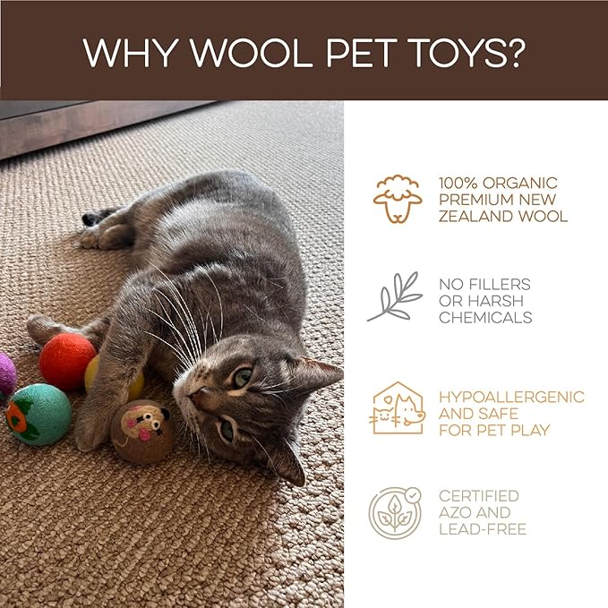 Hustle & Blush Wool Felt Balls 3 Pack Love Ewe Pet Supplies - 2in Cat Toys, 100% New Zealand Wool, Handmade Colorful Balls for Cats - Fish and Bird