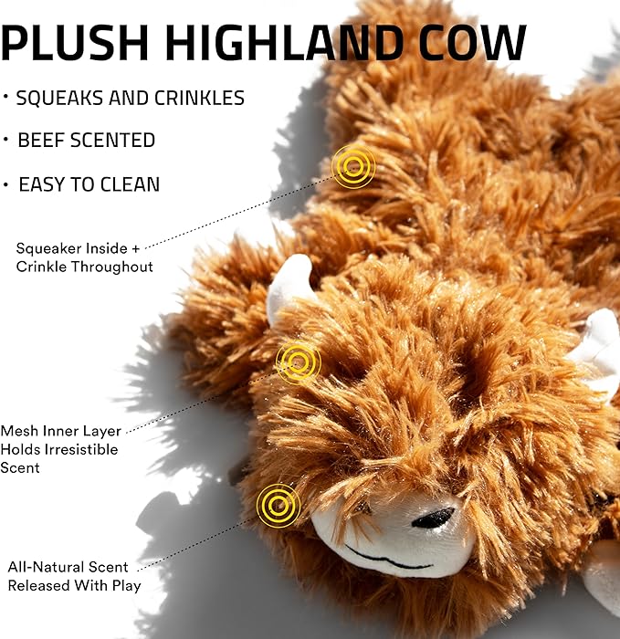 Playology Plush Toys for Dogs | Stuffed Animal Highland Cow| Beef Scented for Large Dogs