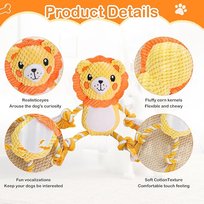 Dog Squeak Plush Toys, Cute, Funny, Durable Fabric Rope Dog Toy for Small, Medium Pets, Indoor and Outdoor, Ideal Pet Gift, Lion