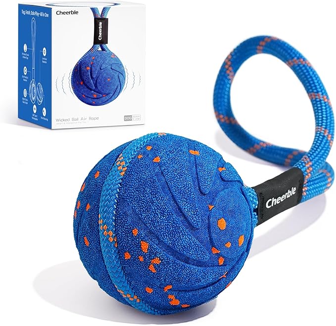 Cheerble Smart Interactive Dog Rope Toy Tug of War, Wicked Ball AIR Rope, Automatic Moving, Bouncing, and Rotating, E-TPU Material, IPX7 Waterproof Rating, Active Rolling Ball (Blue)