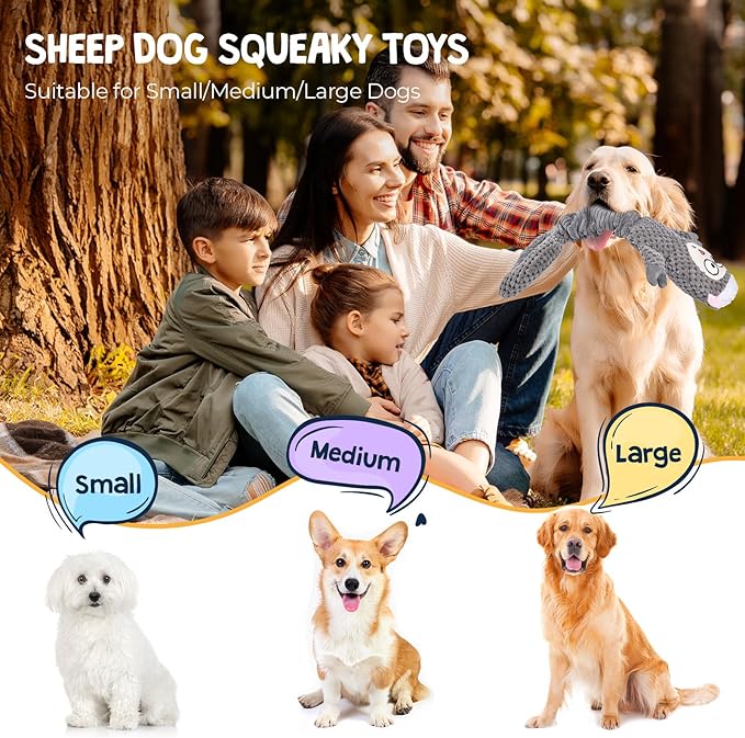Dog Squeaky Toys, Sheep Plush Stuffing Dog Toys with Crinkle Paper for Puppy Teething, Tug of War Pet Chew Toys to Keep Them Busy, Small, Medium and Large (Gray)