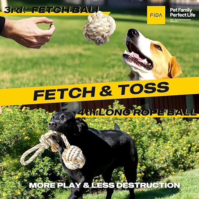 Fida Heavy Duty Dog Rope Toys for Aggressive Chewers 4pcs Pack – Natural Cotton Dog Chew Toys for Large Dogs, Tug-of-War & Fetch Rope Ball/Ring/Knot/Twist to Keep Them Busy