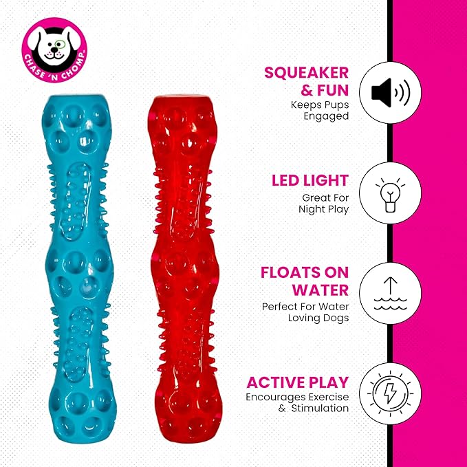 Chase 'n Chomp Squeak and Light Up Sticks Dog Toy, Mental & Physical Stimulation, Large, 2 Pack