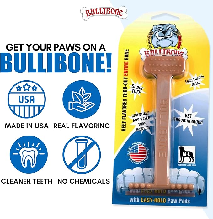 Bullibone Nylon Dog Chew Toy Nylon Bone - Improves Dental Hygiene, Easy to Grip Bottom, and Permeated with Flavor (Beef, Large - 3 Pack)