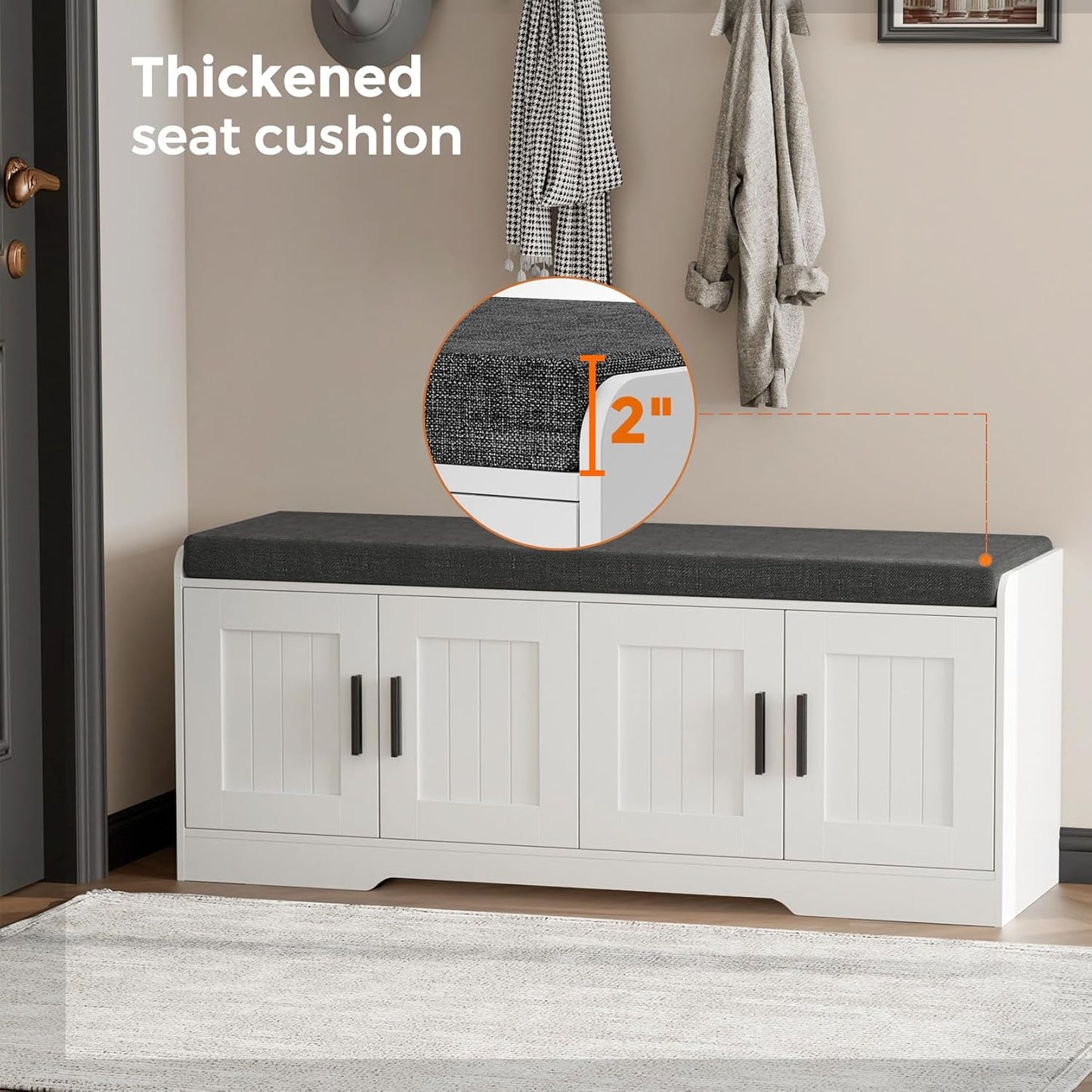 2-Tier Storage Bench, Shoe Bench with Thickened Padded Seat Cushion, Entryway Bench with 4 Doors, Adjustable Shelf, 13.8" D x 45.3" W x 18.5" H, for Entryway, Living Room, Bedroom, White