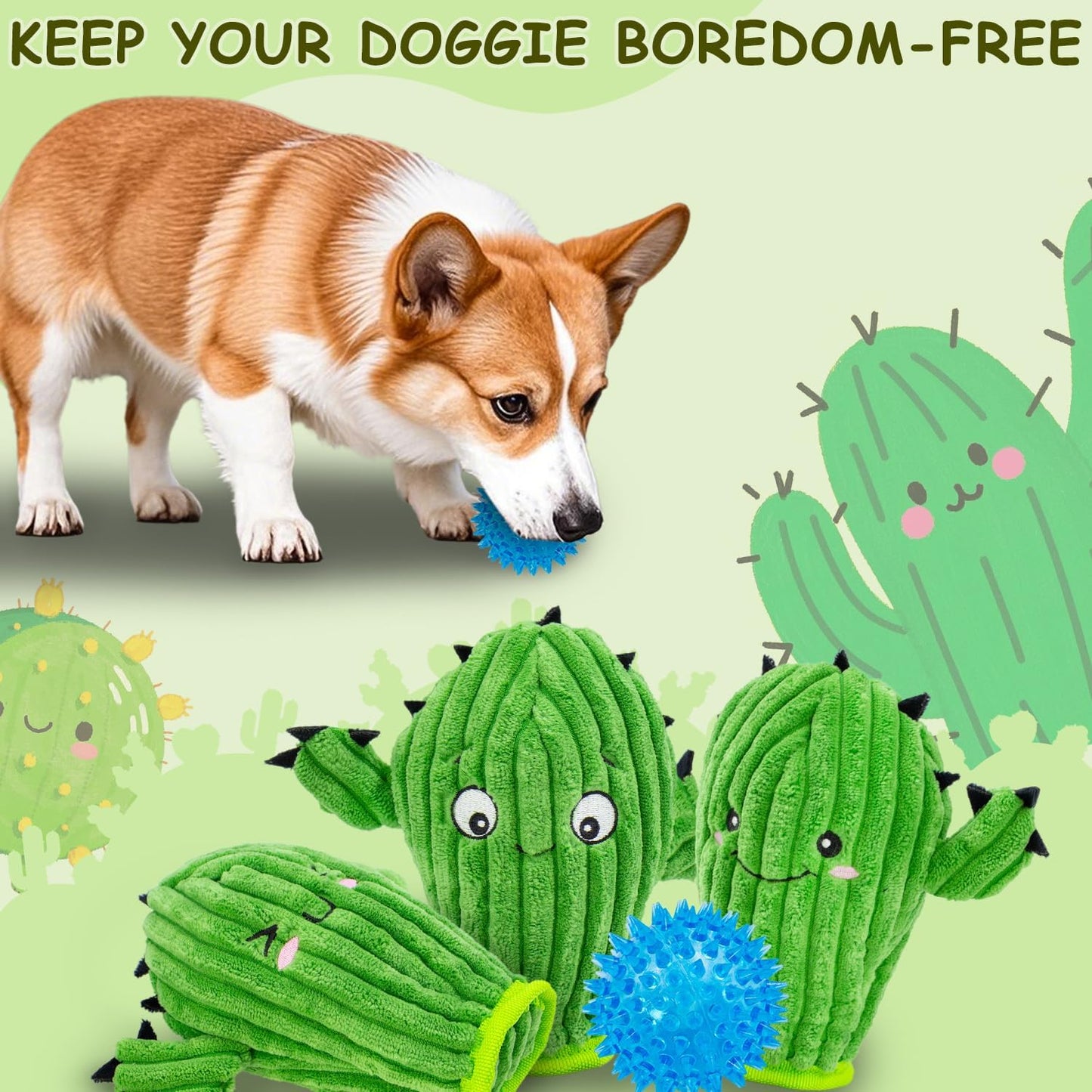No Stuffing 3 Pack Squeaky Dog Toys- 2 in 1 Interactive Plush Dog Toy- Cactus Shaped Rip and Reveal Toy for Puppies-Indoor & Outdoor Play Training & Toss & Play