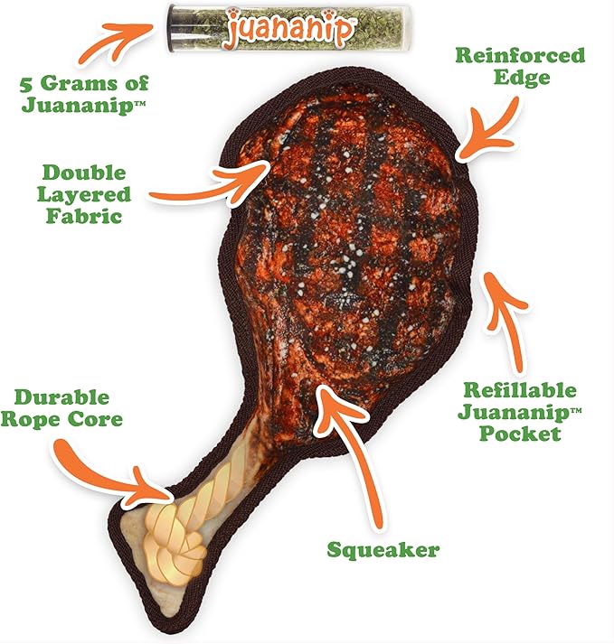 Doggijuana | Tuffer Chewer - Interactive Dog Toy with Juananip Refill | Refillable Durable Dog Toy for Engaging Play and Natural Calming (Tomahawk Steak Toy)