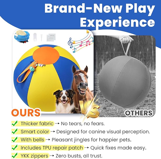 18 Inch Jingle Herding Ball for Dogs & Puppies with Bell, Dog Play Toy, Audible Herding Ball for Cattle Dog, Australian Shepherd, Thickened Oxford Cover, Pump, Patch Repair Kit