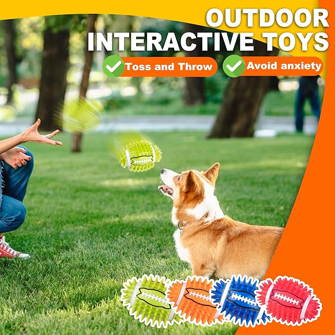 4.3” Dog Squeaky Football Toys 4 Pack, Interactive and Durable Spiky Dog Balls for Medium Large Dogs with Rugby Shape, Built-in Squeaker for Teeth Cleaning and Training